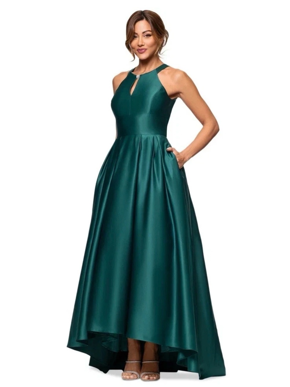 Betsy & Adam Teal High-Low Satin Evening Gown